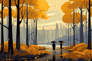 Illustration Couple Enjoying Fall Leaves Background Generative AI