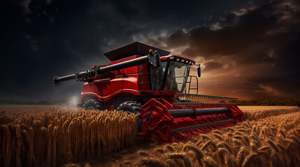 Combine harvester harvests ripe wheat during the night. agriculture, intensive farming,  Created using generative AI tools.