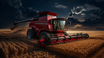 Obraz premium Combine harvester harvests ripe wheat during the night. agriculture, intensive farming, Created using generative AI tools.
