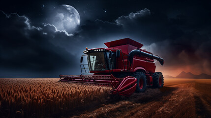 Combine harvester harvests ripe wheat during the night. agriculture, intensive farming,  Created using generative AI tools.
