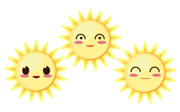 Smiling suns with face flat vector illustration , different Sun faces stock vector image