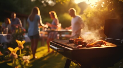 A group of people at a barbecue at sunset. Summer vacation. Grilled vegetables. Dinner on the grill. Tasty juicy meat cooked on the grill. Holiday - obrazy, fototapety, plakaty