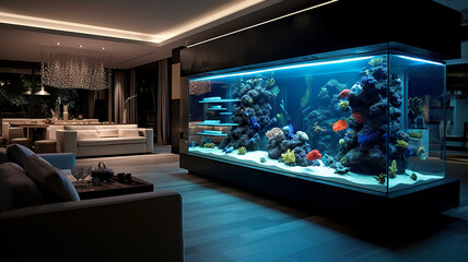 Modern interior design with large aquarium in luxury home or hotel
