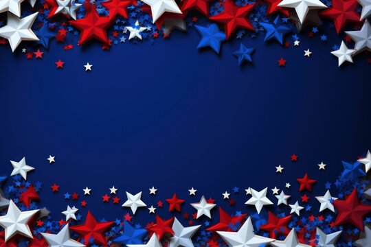 Five-pointed stars in the colors of the American flag. Blue background for your design. Patriot's Day. 9.11 FLAT lay