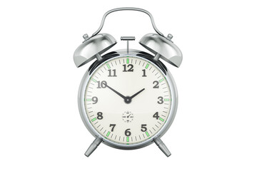 Steel alarm clock, front view. 3D rendering isolated on transparent background