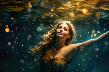 Zodiac sign of Aquarius, young sexy woman swimming underwater, generative AI