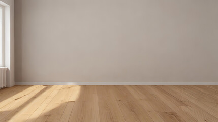 Minimalist Interior Design with Sunlit Wood Floor and White Wall Mock-Up