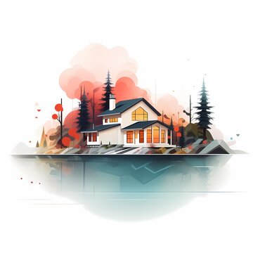 an minimalistic image of an illustration that shows a house in a forest