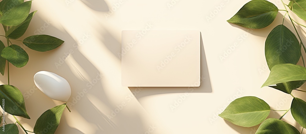 Poster A mockup card with copy space and green leaves is placed on a beige background with sunlight shadow. It is a minimal business brand template for flat lay design, seen from a top view perspective.