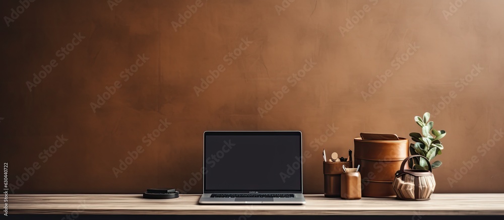 Poster a trendy office setting with a laptop. empty screen area for personalized designs.