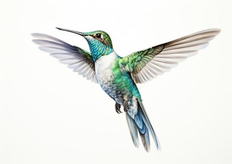 Fototapeta premium Ethereal Hummingbird in Flight: Graceful Beauty Against a Serene White Canvas. Generative A