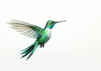 Fototapeta premium Ethereal Hummingbird in Flight: Graceful Beauty Against a Serene White Canvas. Generative A