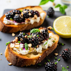 SMASHED BLACKBERRY & GOAT CHEESE TOASTS on white background AI Generative