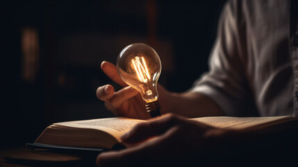Man hand touching to glowing lightbulb on open book for reading to searching knowledge and creative thinking idea innovation concept - obrazy, fototapety, plakaty