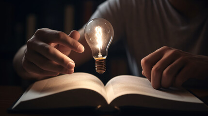Man hand touching to glowing lightbulb on open book for reading to searching knowledge and creative thinking idea innovation concept - obrazy, fototapety, plakaty