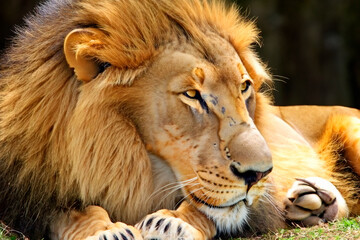 Lion. African lion looking at the camera. World Lion Day. August 10, 2023. A single lion looking regal standing proudly on a small hill. A large lion lying on the grass of the savannah. Lioness