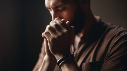 Christian life crisis prayer to god. Man Pray for god blessing to wishing have a better life. man hands praying to god with the bible. believe in goodness. Holding hands in prayer, eyes closed - obrazy, fototapety, plakaty