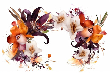 watercolor still life of autumn leaves, flowers isolate on white background