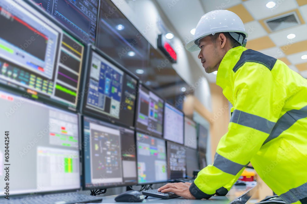 Wall mural engineer working at control room,manager control system,technician man monitoring program from a lot