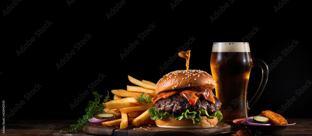 Poster A dark background with copy space features a side view of a beef burger accompanied by a beer and French fries.