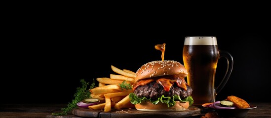 A dark background with copy space features a side view of a beef burger accompanied by a beer and French fries.