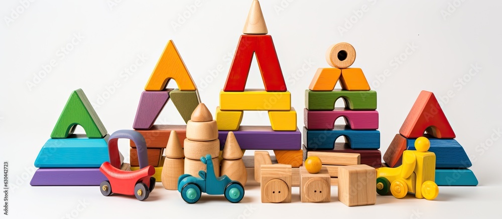 Poster the toys for babies and toddlers made of natural wood are displayed on a white background. these inc