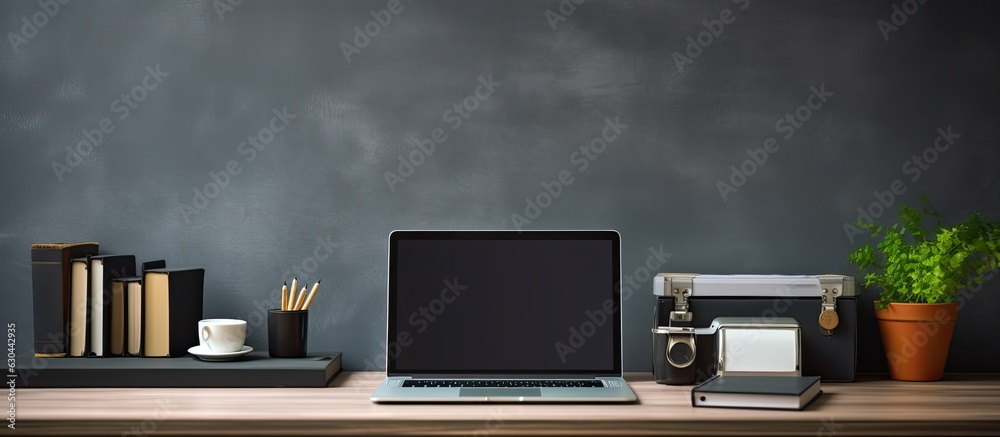 Poster a black desk in an office with a laptop, smartphone, and other work supplies along with a cup of cof