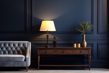 Classic room interior with wooden cabinet and lamp. Blue empty wall.