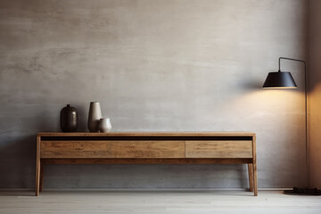 Classic room interior with wooden cabinet and lamp. Concrete empty wall.