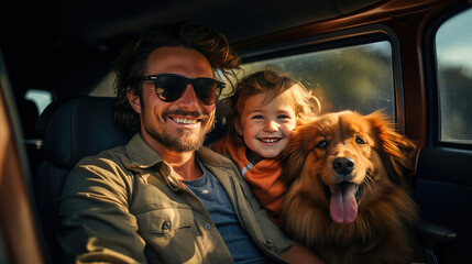 A happy family traveling with their beloved golden retriever in the car