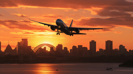Silhouette of airplane flying over Sydney - obrazy, fototapety, plakaty