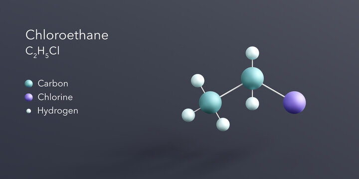 chloroethane molecule 3d rendering, flat molecular structure with chemical formula and atoms color coding