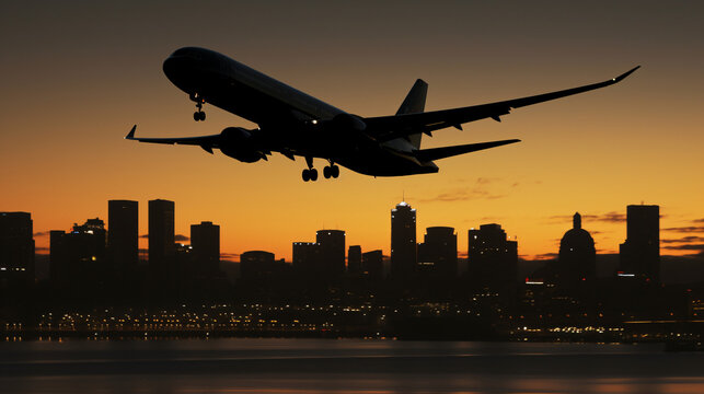 Silhouette of airplane flying over Sydney