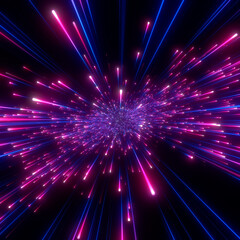 Fototapeta na wymiar Abstract background in blue and purple neon glow colors. Speed of light in galaxy. Explosion in universe. Space background for event, party, carnival, celebration, anniversary or other. 3D rendering.