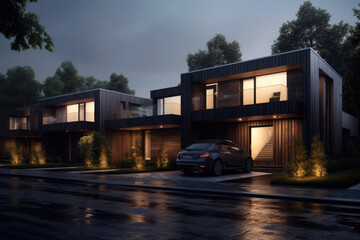 Townhouses facade with illuminated windows in dusk. Modern residential houses in luxury neighborhood