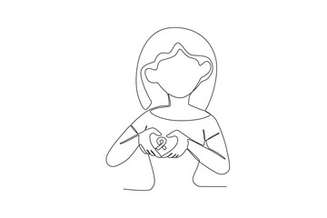 A woman makes a love pose for breast cancer awareness. Breast cancer awareness month one-line drawing