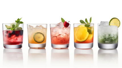 Fototapeta premium variety of cocktail drinks on white background with space for text, copy space, Created using generative AI tools.