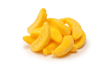 Juicy colorful jelly banana sweets isolated on white.