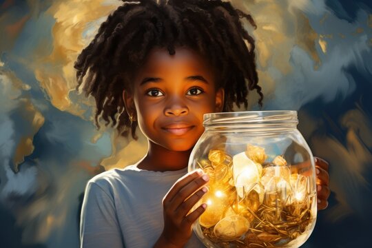 International Day of Charity concept. African-American girl holding charity donation jar on background image of planet. Cartoon flat vector illustration