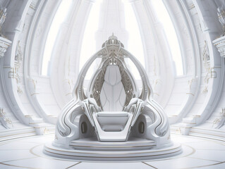 Fototapeta na wymiar Decorated empty throne hall. A white throne on a spaceship.