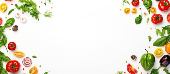 Colorful Pizza Ingredients including tomatoes, cheese, chili peppers, and basil leaves on a white background, viewed from the top with free space.