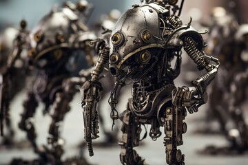 hundert of humanoids silver metal robots marching 