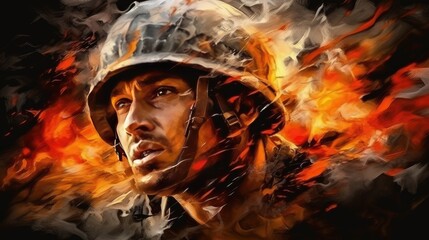 Dramatic closeup facial portrait of soldier in helmet and flame billowing on background. Conceptual abstract painting in military style. Digital art. Illustration for banner, poster, cover, brochure.
