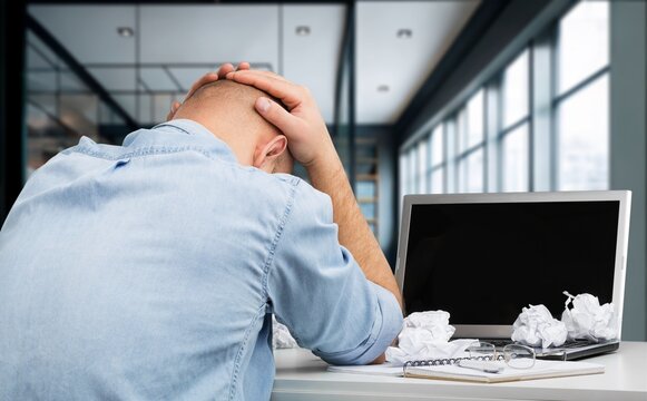 Stressed, tired business man overworked late in office, AI generated image
