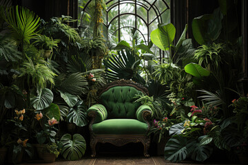 Living room with green armchair near window and many green plants. Green leaves with vegetation in...