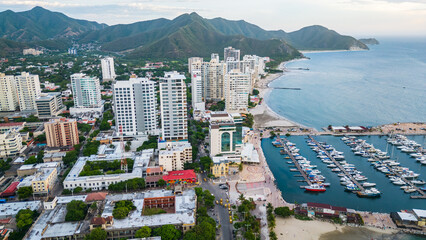 Drone Shot of Santa Marta, Colombia. Condominium Towers and Beachfront Buildings, Panoramic Aerial...