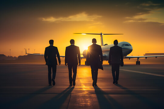 Businessman walking towards a private jet, team walk through the airport, evening sunset sunrise time. Generative AI.
