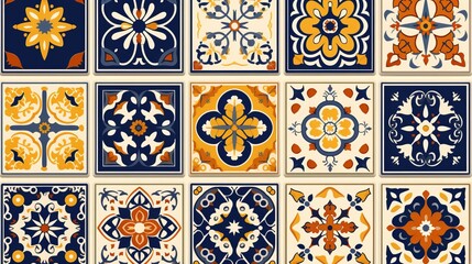 Collection of 18 ceramic tiles in turkish style. Seamless colorful patchwork from Azulejo tiles. Portuguese and Spain decor. Islam, Arabic, Indian, Ottoman motif. generative ai - obrazy, fototapety, plakaty