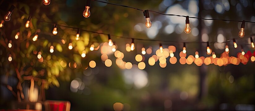 The backyard is adorned with party string lights hanging on a green bokeh background, providing a festive atmosphere. ample space for a message or text.