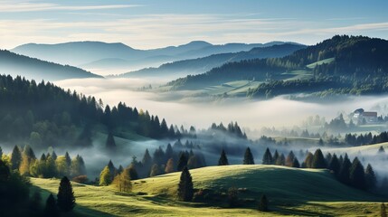 Scenic mountain landscape. View on the Black Forest, Germany, covered in fog. Colorful travel background. generative ai